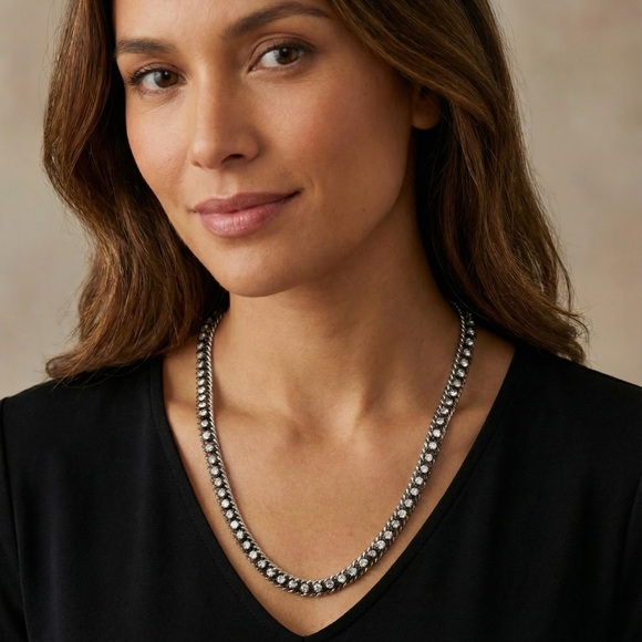 Banana Republic Woven Curb Double Gunmetal Chain & Rhinestone 24”L Necklace - Picture 4 of 10